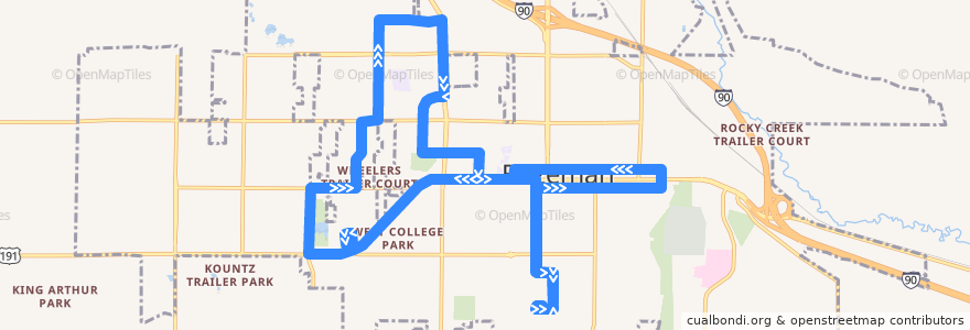 Mapa del recorrido Redline Downtown de la línea  en Bozeman.