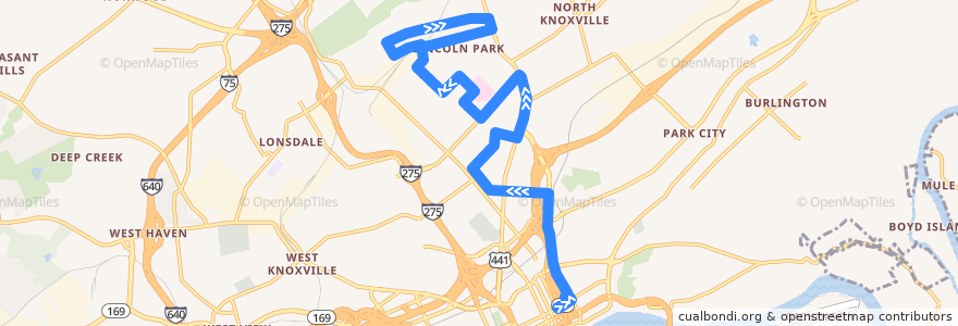 Mapa del recorrido Lincoln Park de la línea  en Knoxville.