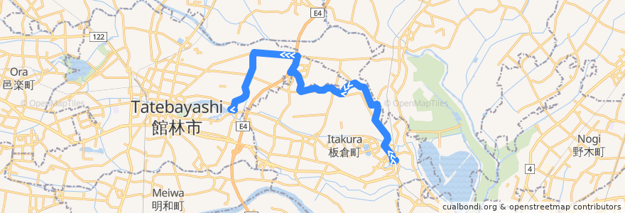 Mapa del recorrido 館林・板倉北線 板倉東洋大前駅西口⇒大曲倉庫⇒アゼリアモール de la línea  en 板倉町.