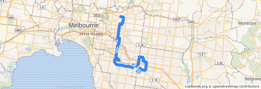 Mapa del recorrido Bus 624: Oakleigh => Chadstone & Murrumbeena & Carnegie & Caulfield => Kew de la línea  en Melbourne.