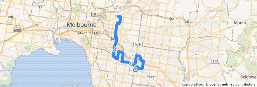 Mapa del recorrido Bus 624: Oakleigh => Chadstone & Darling Road (Malvern East) & Caulfield => Kew de la línea  en Melbourne.