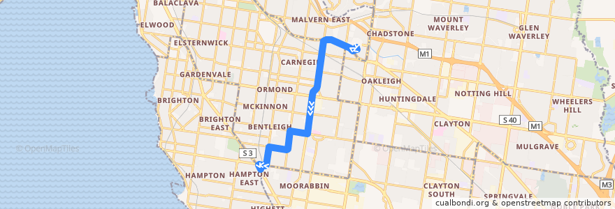 Mapa del recorrido Bus 627: Chadstone Shopping Centre => Bentleigh => Moorabbin Station de la línea  en Melbourne.