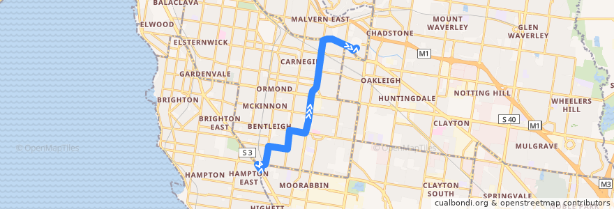 Mapa del recorrido Bus 627: Moorabbin Station => Bentleigh => Chadstone Shopping Centre de la línea  en ملبورن.