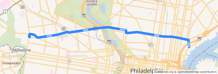 Mapa del recorrido SEPTA 15: Frankford & Delaware → Girard & 63rd de la línea  en Philadelphia County.