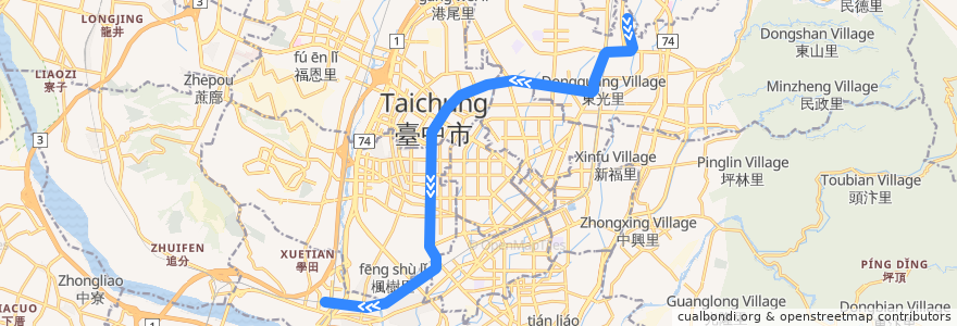 Mapa del recorrido 臺中捷運綠線北屯總站方向 de la línea  en Taichung.