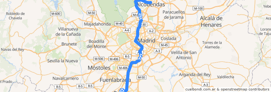 Mapa del recorrido C-4a. Parla → Sol → Alcobendas - S.S. de los Reyes de la línea  en Autonome Gemeinschaft Madrid.