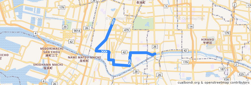 Mapa del recorrido 65:府立総合医療センター～矢田行基大橋 de la línea  en 大阪府.