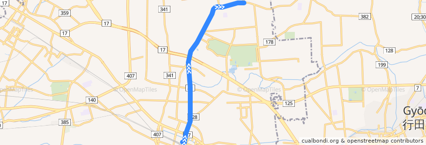 Mapa del recorrido 国際十王バスKM32系統 熊谷駅⇒上中条 de la línea  en 熊谷市.