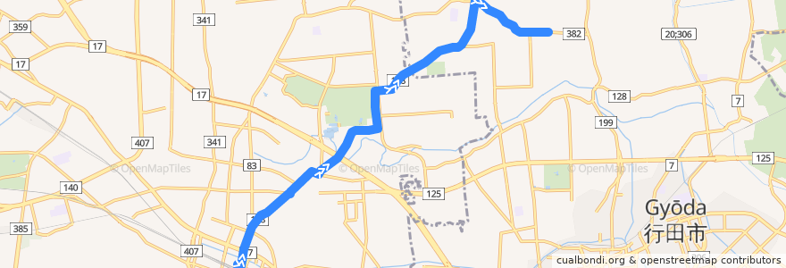 Mapa del recorrido 国際十王バスKM21系統 熊谷駅⇒南河原支所⇒犬塚 de la línea  en 埼玉県.