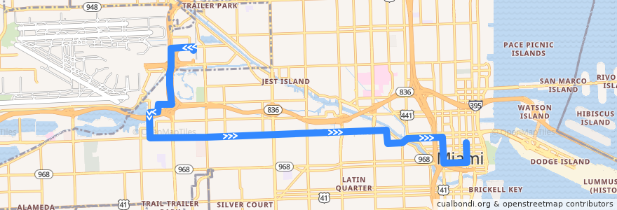 Mapa del recorrido MDT 7A: Airport Station => Downtown Miami de la línea  en Miami-Dade County.
