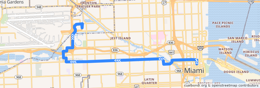 Mapa del recorrido MDT 7A: Downtown Miami => Airport Station de la línea  en Miami-Dade County.