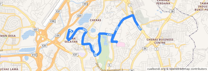 Mapa del recorrido T402: LRT Salak Selatan => Bandar Sri Permaisuri de la línea  en 쿠알라룸푸르.