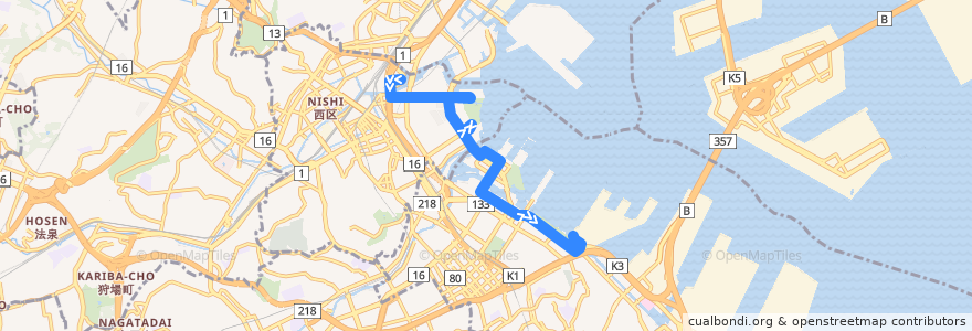 Mapa del recorrido YOKOHAMA BAYSIDE BLUE 横浜駅前 => 山下ふ頭 de la línea  en يوكوهاما.