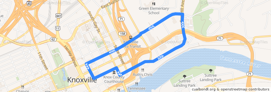 Mapa del recorrido Blue Line Trolley de la línea  en Knoxville.