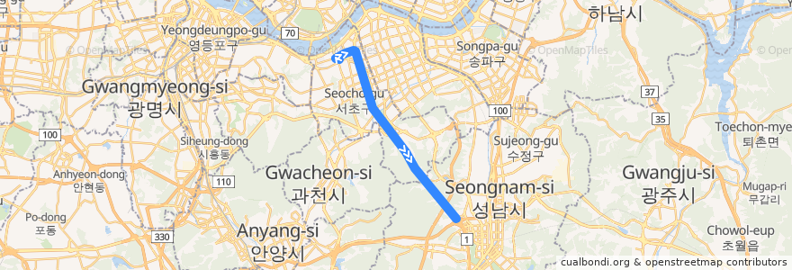 Mapa del recorrido 서울 → 광주 고속버스 de la línea  en Südkorea.