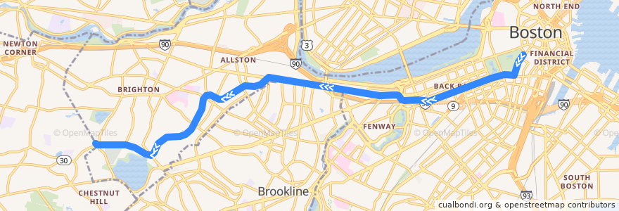 Mapa del recorrido MBTA Green Line (B): Park Street → Boston College de la línea  en Boston.