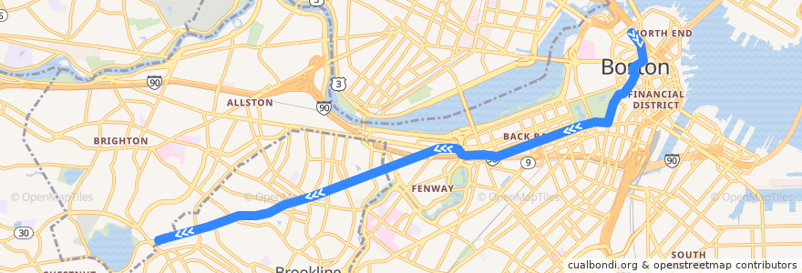 Mapa del recorrido MBTA Green Line (C): North Station → Cleveland Circle de la línea  en Massachusetts.