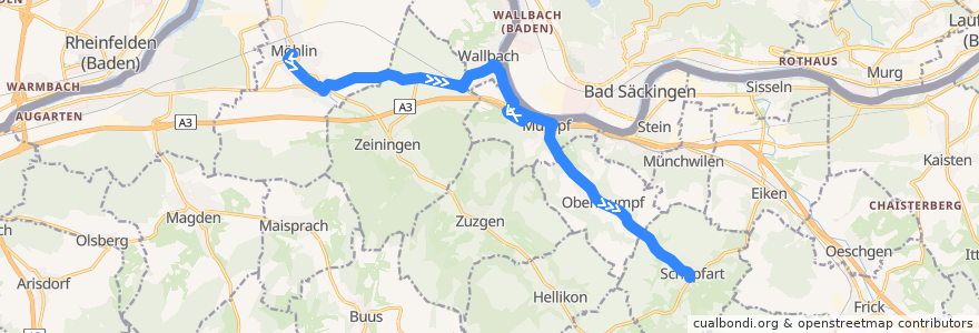 Mapa del recorrido Bus 90: Möhlin, Post => Schupfart, Dorf de la línea  en Bezirk Rheinfelden.