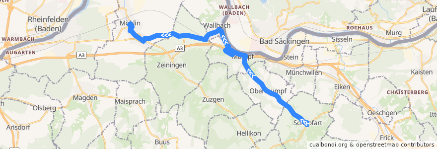 Mapa del recorrido Bus 90: Schupfart, Dorf => Möhlin, Post de la línea  en Bezirk Rheinfelden.