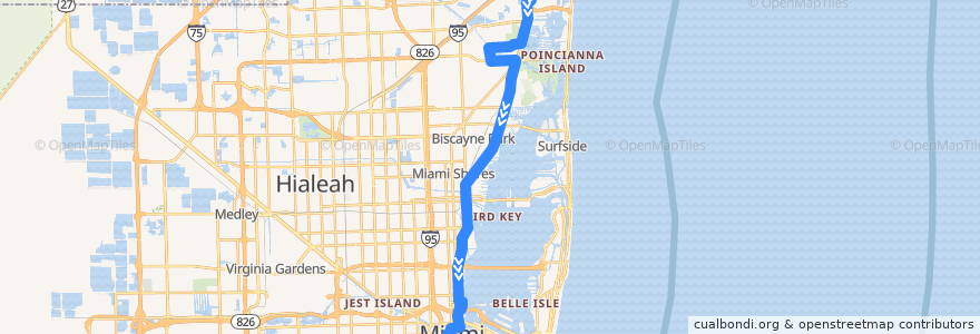 Mapa del recorrido MDT 3: Aventura Mall => Downtown Miami de la línea  en Miami-Dade County.
