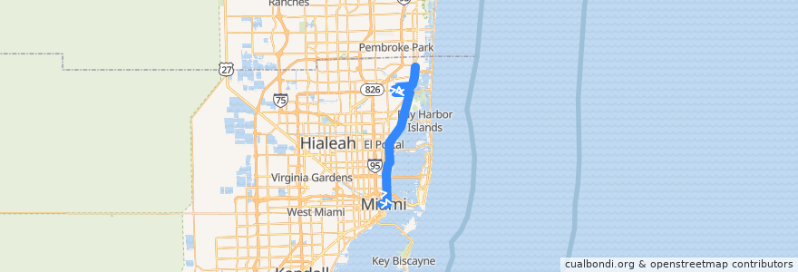 Mapa del recorrido MDT 3: Downtown Miami => Aventura Mall de la línea  en Condado de Miami-Dade.