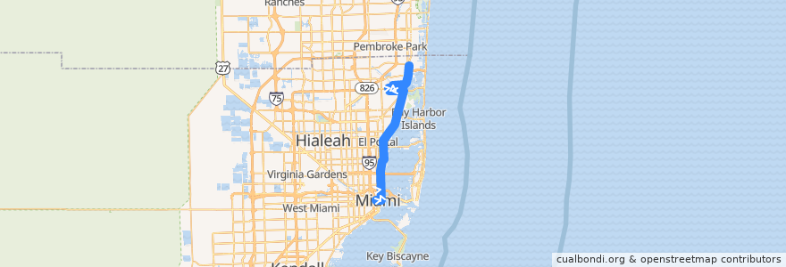 Mapa del recorrido MDT 3: Downtown Miami => Aventura Mall de la línea  en Miami-Dade County.