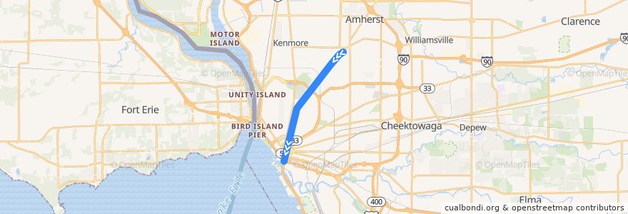 Mapa del recorrido NFTA Metro Rail: University → Erie Canal Harbor de la línea  en Buffalo.