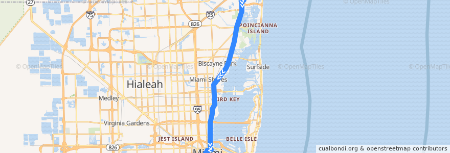 Mapa del recorrido MDT 93: Aventura Mall => Downtown Miami de la línea  en Miami-Dade County.