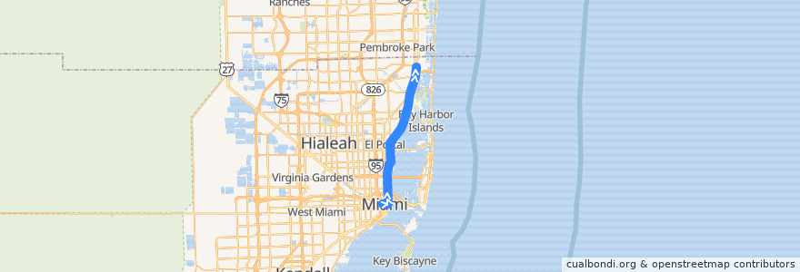 Mapa del recorrido MDT 93: Downtown Miami => Aventura Mall de la línea  en Miami-Dade County.