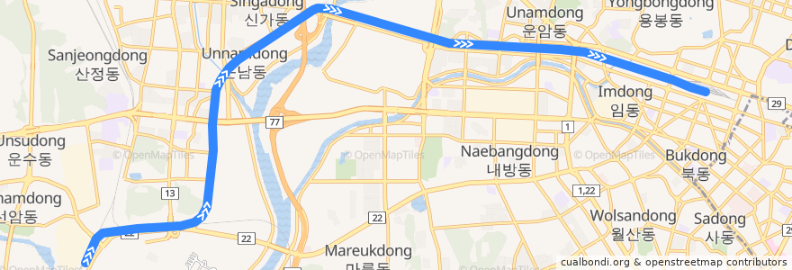 Mapa del recorrido 광주선 셔틀열차: 광주송정 → 광주 de la línea  en Gwangju.