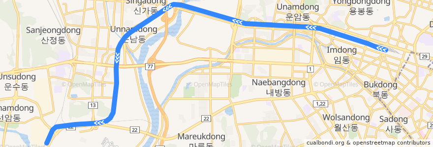 Mapa del recorrido 광주선 셔틀열차: 광주 → 광주송정 de la línea  en Gwangju.