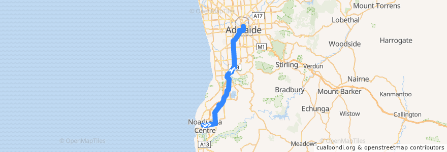 Mapa del recorrido Bus 721 - Noarlunga Centre Interchange to City via Old Reynella de la línea  en Adelaide.