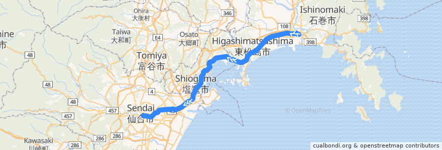 Mapa del recorrido JR仙石線 de la línea  en 宮城県.