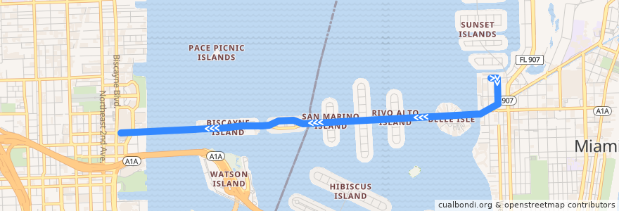 Mapa del recorrido MDT 101 (A): Sunset Harbor => Omni Terminal de la línea  en Miami-Dade County.