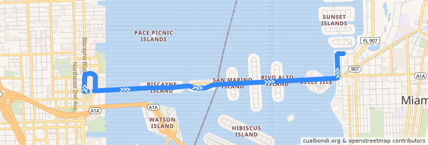 Mapa del recorrido MDT 101 (A): Omni Terminal => Sunset Harbor de la línea  en شهرستان میامی-دید، فلوریدا.