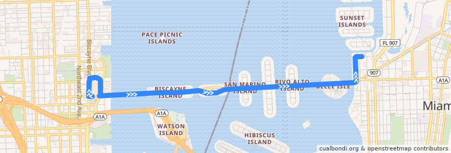 Mapa del recorrido MDT 101 (A): Omni Terminal => Sunset Harbor de la línea  en Miami-Dade County.