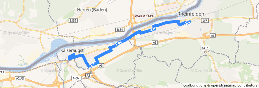 Mapa del recorrido Bus 84: Rheinfelden, Bahnhof => Kaiseraugst, Bahnhof de la línea  en Bezirk Rheinfelden.