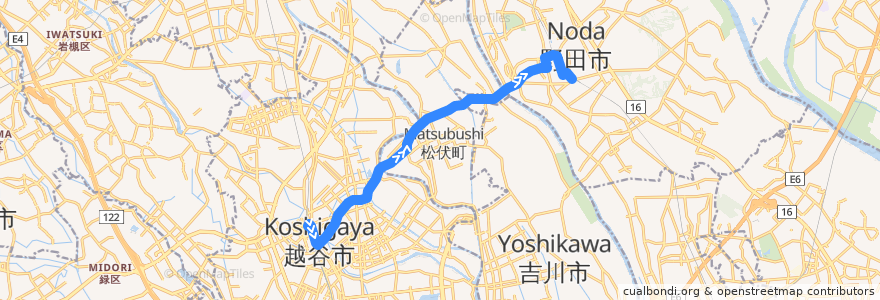 Mapa del recorrido 茨急バス 北越谷駅⇒大沢四丁目・中野台⇒野田市駅 de la línea  en 日本.