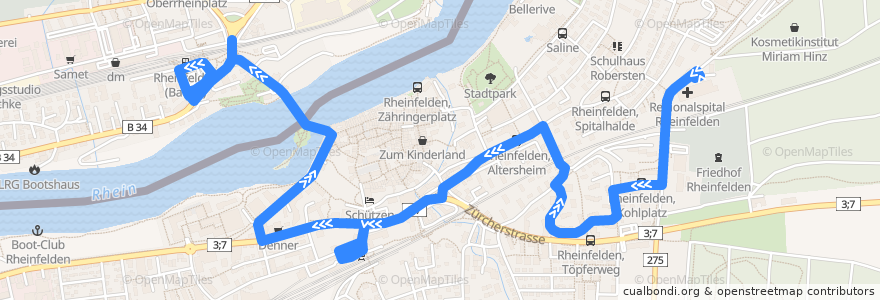 Mapa del recorrido Bus 7312: Rheinfelden (AG), Regionalspital => Rheinfelden (D), Kreiskrankenhaus de la línea  en Bezirk Rheinfelden.