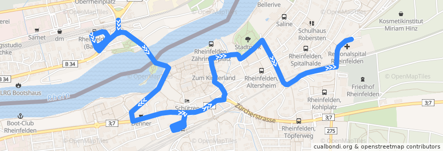 Mapa del recorrido Bus 7312: Rheinfelden (D), Kreiskrankenhaus => Rheinfelden (AG), Regionalspital de la línea  en .