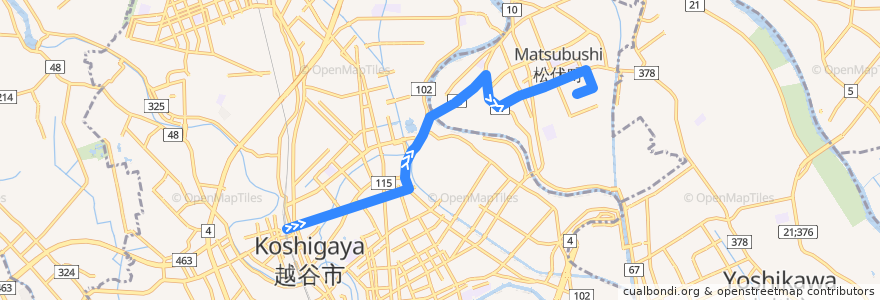 Mapa del recorrido 茨急バス 北越谷駅⇒花田三丁目・赤岩入口⇒エローラ de la línea  en 埼玉県.