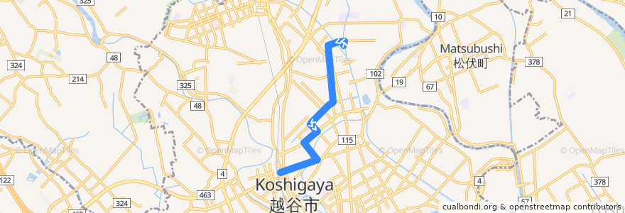 Mapa del recorrido 茨急バス 老人福祉センター（くすのき荘）⇒さぎたか第二公園⇒北越谷駅 de la línea  en 越谷市.