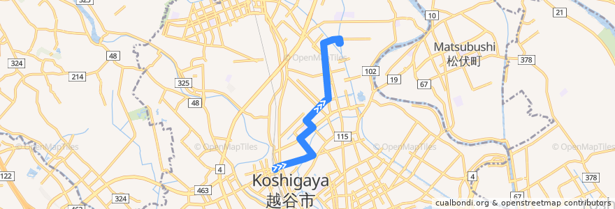 Mapa del recorrido 茨急バス 北越谷駅⇒さぎたか第二公園⇒老人福祉センター（くすのき荘） de la línea  en Koshigaya.