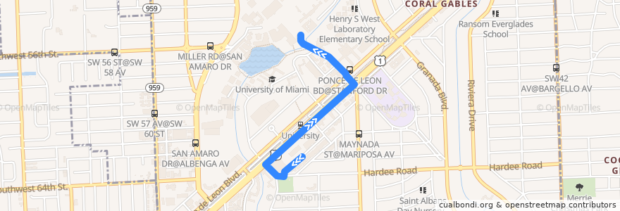 Mapa del recorrido UMiami Gables One Tower: Gables One Tower => Stanford Circle de la línea  en Coral Gables.