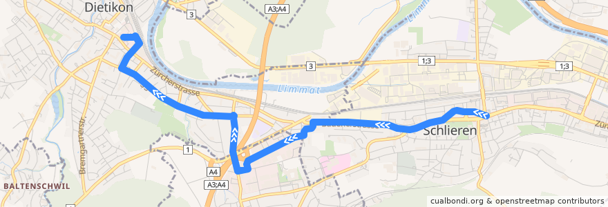 Mapa del recorrido Bus 303: Schlieren, Zentrum/Bahnhof → Dietikon, Bahnhofstrasse de la línea  en Bezirk Dietikon.