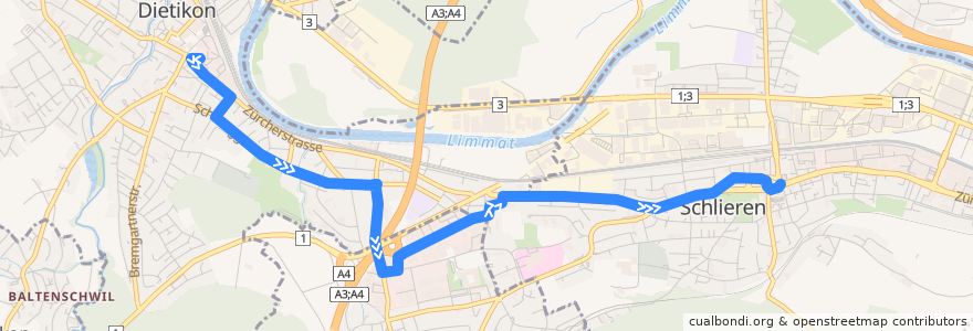 Mapa del recorrido Bus 303: Dietikon, Bahnhofstrasse → Schlieren, Zentrum/Bahnhof de la línea  en Bezirk Dietikon.