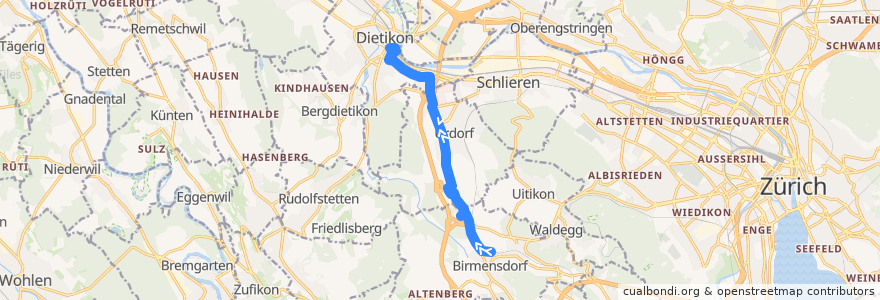 Mapa del recorrido Bus 314: Birmensdorf ZH, Bahnhof → Dietikon, Bahnhofstrasse de la línea  en Bezirk Dietikon.