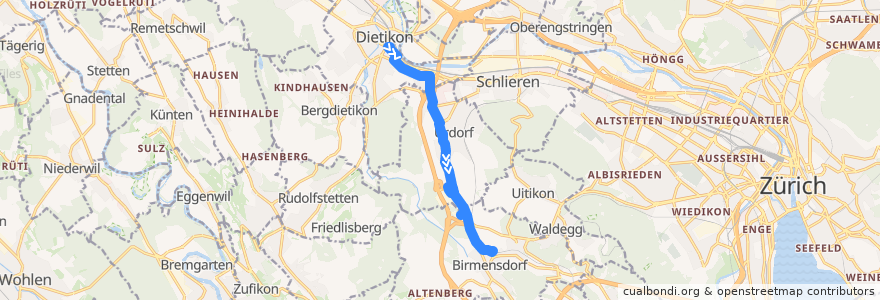 Mapa del recorrido Bus 314: Dietikon, Bahnhofstrasse → Birmensdorf ZH, Bahnhof de la línea  en Bezirk Dietikon.