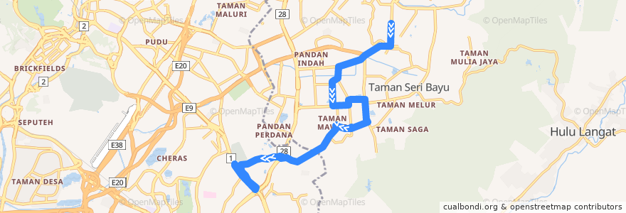 Mapa del recorrido T305: Sri Nilam => MRT Tmn Midah de la línea  en 雪兰莪州.