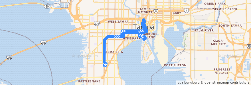 Mapa del recorrido HART route 19 de la línea  en Tampa.